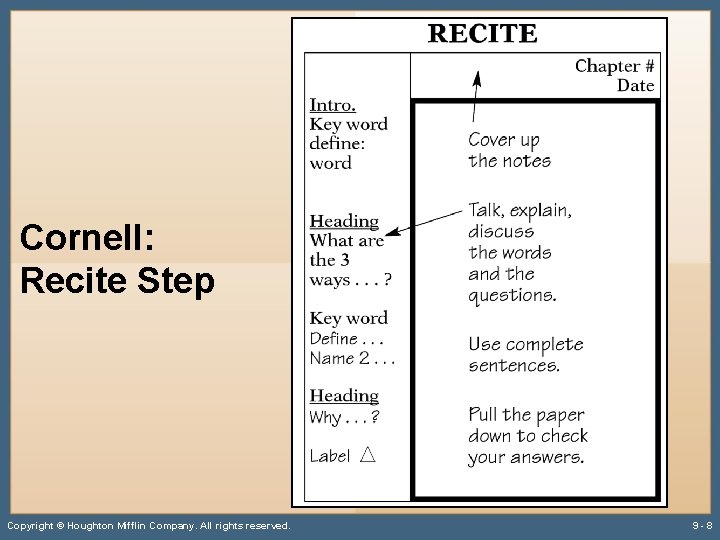 Cornell: Recite Step Copyright © Houghton Mifflin Company. All rights reserved. 9 -8 