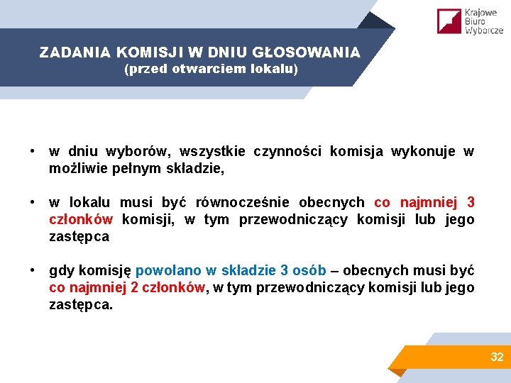 ZADANIA KOMISJI W DNIU GŁOSOWANIA (przed otwarciem lokalu) • w dniu wyborów, wszystkie czynności