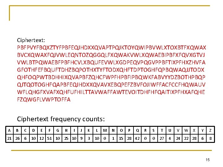 Ciphertext: PBFPVYFBQXZTYFPBFEQJHDXXQVAPTPQJKTOYQWIPBVWLXTOXBTFXQWAX BVCXQWAXFQJVWLEQNTOZQGGQLFXQWAKVWLXQWAEBIPBFXFQVXGTVJ VWLBTPQWAEBFPBFHCVLXBQUFEVWLXGDPEQVPQGVPPBFTIXPFHXZHVFA GFOTHFEFBQUFTDHZBQPOTHXTYFTODXQHFTDPTOGHFQPBQWAQJJTODX QHFOQPWTBDHHIXQVAPBFZQHCFWPFHPBFIPBQWKFABVYYDZBOTHPBQP QJTQOTOGHFQAPBFEQJHDXXQVAVXEBQPEFZBVFOJIWFFACFCCFHQWAUV WFLQHGFXVAFXQHFUFHILTTAVWAFFAWTEVOITDHFHFQAITIXPFHXAFQHE FZQWGFLVWPTOFFA Ciphertext frequency counts: A B