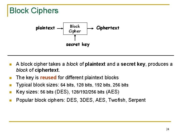 Block Ciphers plaintext Block Ciphertext secret key n A block cipher takes a block