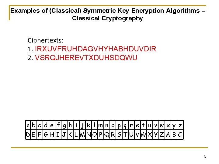 Examples of (Classical) Symmetric Key Encryption Algorithms – Classical Cryptography Ciphertexts: 1. IRXUVFRUHDAGVHYHABHDUVDIR 2.