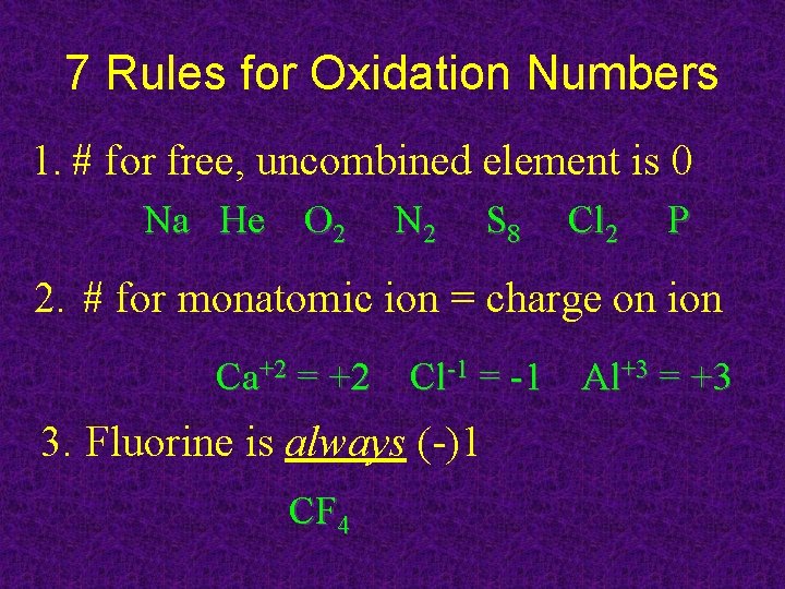 7 Rules for Oxidation Numbers 1. # for free, uncombined element is 0 Na