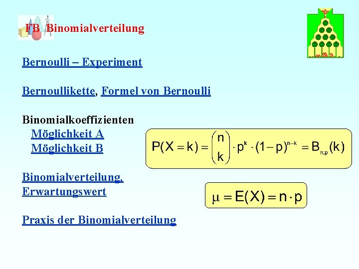 FB Binomialverteilung Bernoulli – Experiment Bernoullikette, Formel von Bernoulli Binomialkoeffizienten Möglichkeit A Möglichkeit B