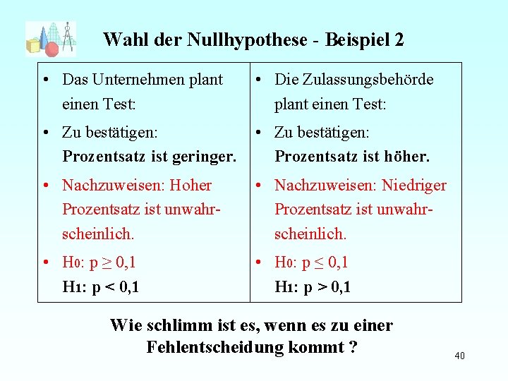 Wahl der Nullhypothese - Beispiel 2 • Das Unternehmen plant einen Test: • Die