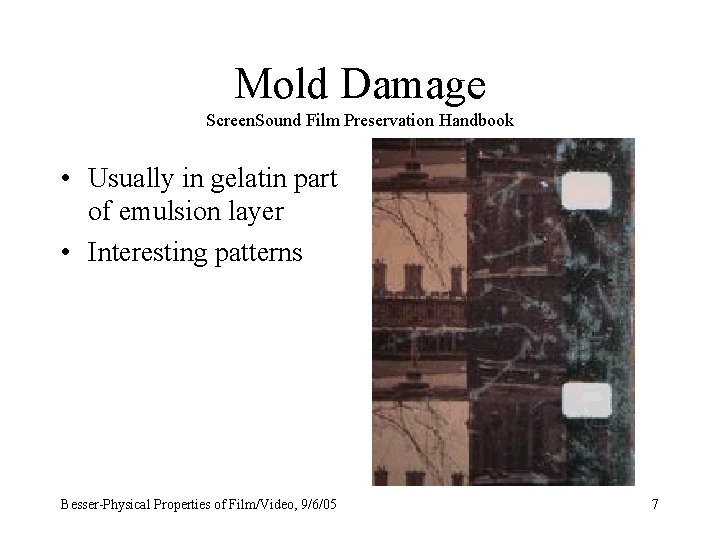 Mold Damage Screen. Sound Film Preservation Handbook • Usually in gelatin part of emulsion