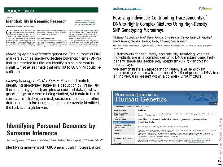 Matching against reference genotype. The number of DNA markers such as single-nucleotide polymorphisms (SNPs)