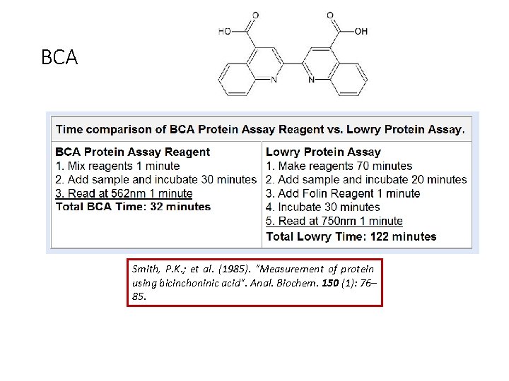 BCA Smith, P. K. ; et al. (1985). "Measurement of protein using bicinchoninic acid".