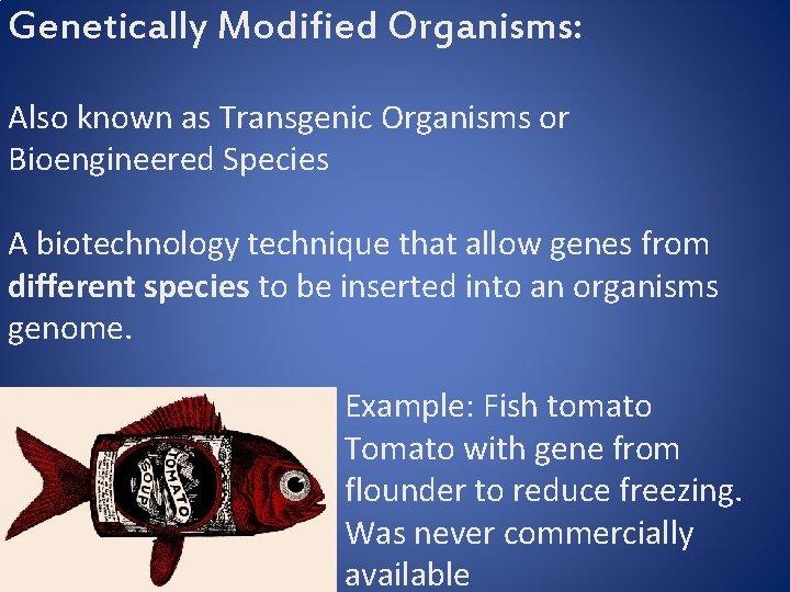 Genetically Modified Organisms: Also known as Transgenic Organisms or Bioengineered Species A biotechnology technique