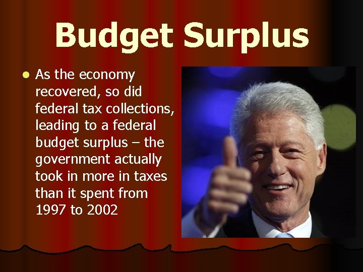 Budget Surplus l As the economy recovered, so did federal tax collections, leading to