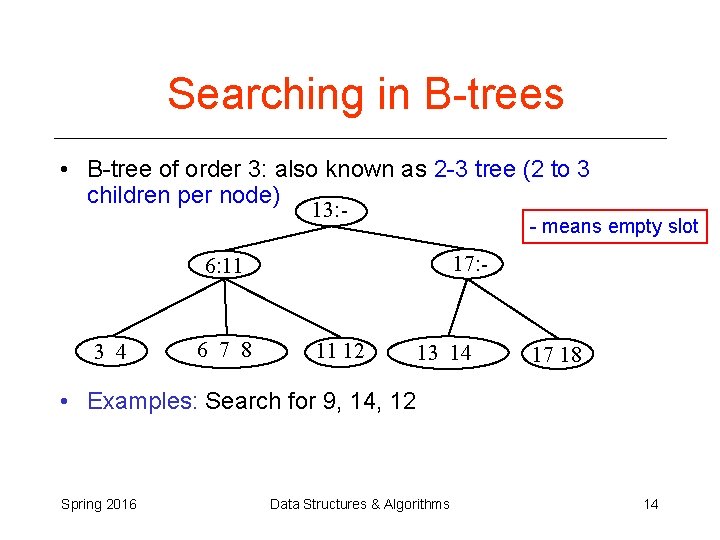 Searching in B-trees • B-tree of order 3: also known as 2 -3 tree Searching in B-trees • B-tree of order 3: also known as 2 -3 tree