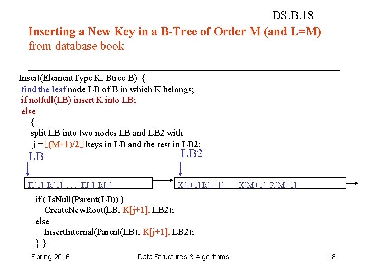 DS. B. 18 Inserting a New Key in a B-Tree of Order M (and DS. B. 18 Inserting a New Key in a B-Tree of Order M (and