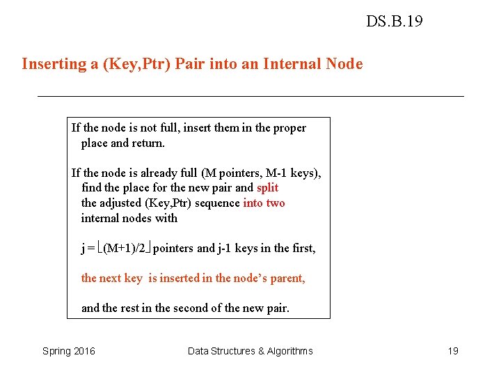 DS. B. 19 Inserting a (Key, Ptr) Pair into an Internal Node If the DS. B. 19 Inserting a (Key, Ptr) Pair into an Internal Node If the