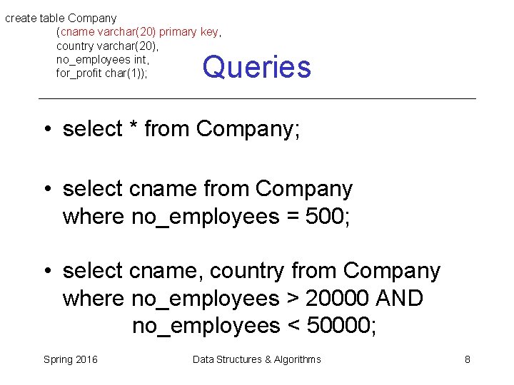 create table Company (cname varchar(20) primary key, country varchar(20), no_employees int, for_profit char(1)); Queries create table Company (cname varchar(20) primary key, country varchar(20), no_employees int, for_profit char(1)); Queries