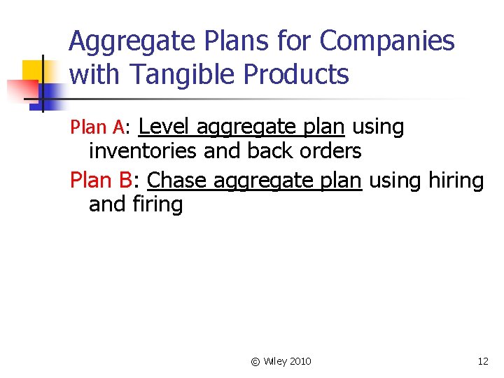 Aggregate Plans for Companies with Tangible Products Plan A: Level aggregate plan using inventories