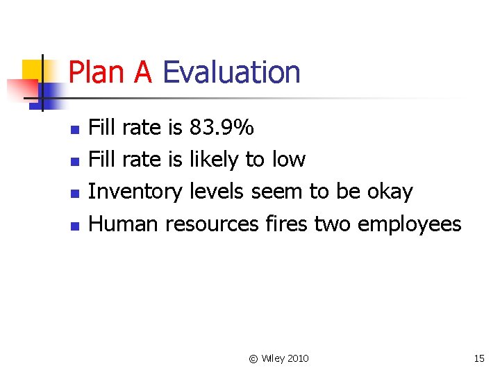 Plan A Evaluation n n Fill rate is 83. 9% Fill rate is likely