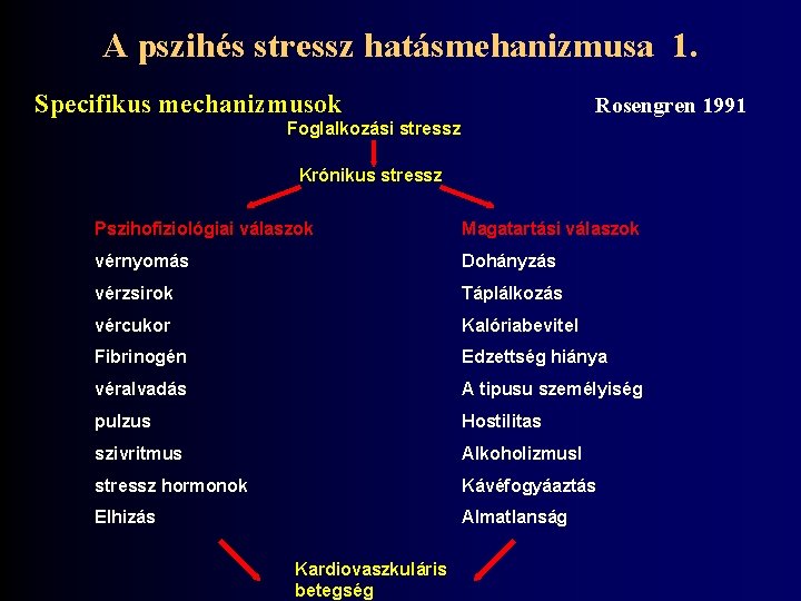 A pszihés stressz hatásmehanizmusa 1. Specifikus mechanizmusok Rosengren 1991 Foglalkozási stressz Krónikus stressz Pszihofiziológiai