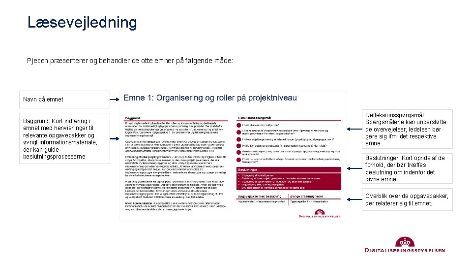 Læsevejledning Pjecen præsenterer og behandler de otte emner på følgende måde: Navn på emnet