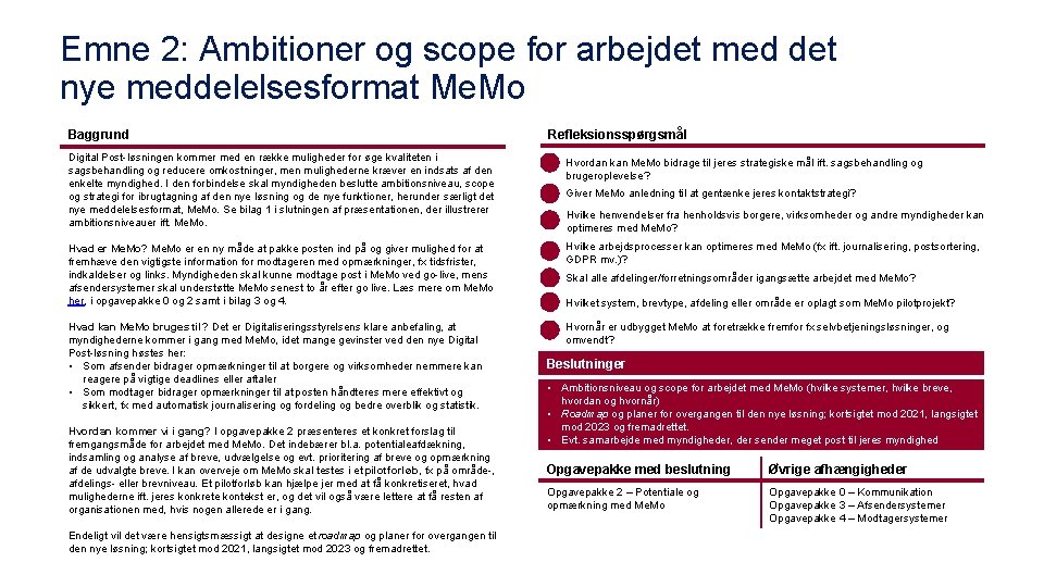 Emne 2: Ambitioner og scope for arbejdet med det nye meddelelsesformat Me. Mo Baggrund