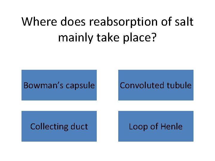 Where does reabsorption of salt mainly take place? Bowman’s capsule Convoluted tubule Collecting duct
