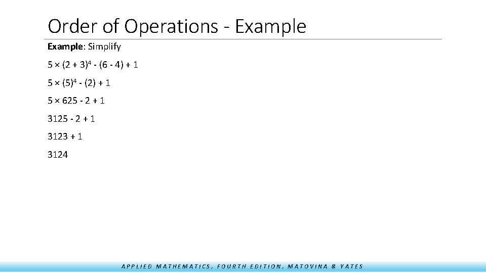 Order of Operations - Example: Simplify 5 × (2 + 3)4 - (6 -