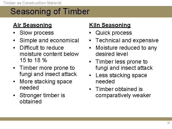 Timber as Construction Material Seasoning of Timber Air Seasoning • Slow process • Simple