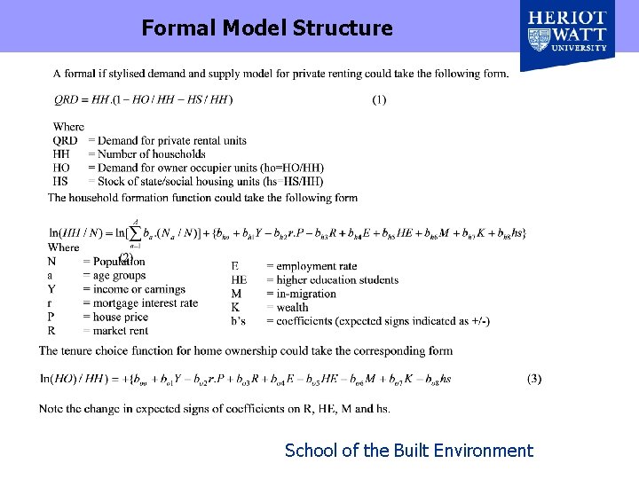 Formal Model Structure School of the Built Environment 