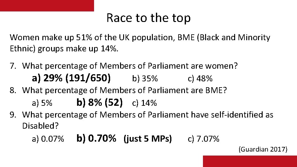 Race to the top Women make up 51% of the UK population, BME (Black