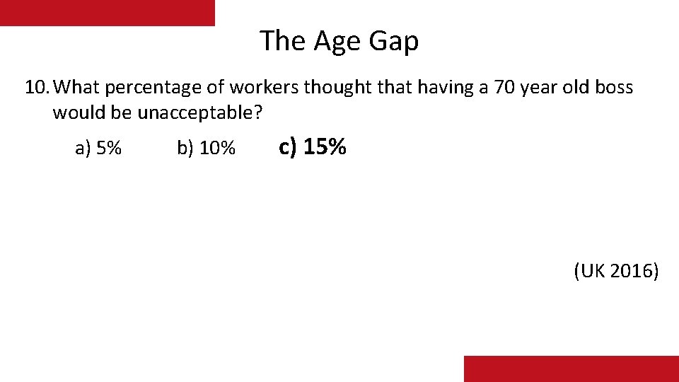 The Age Gap 10. What percentage of workers thought that having a 70 year