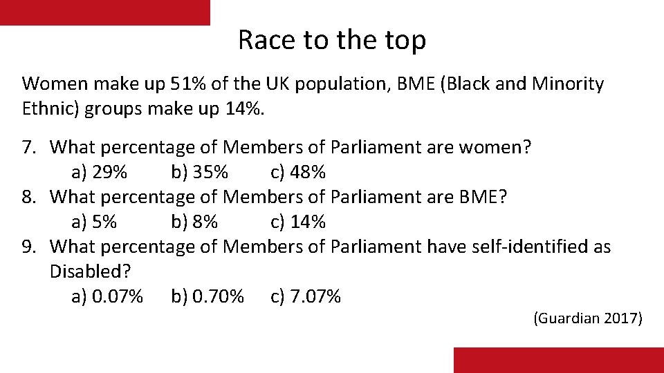 Race to the top Women make up 51% of the UK population, BME (Black