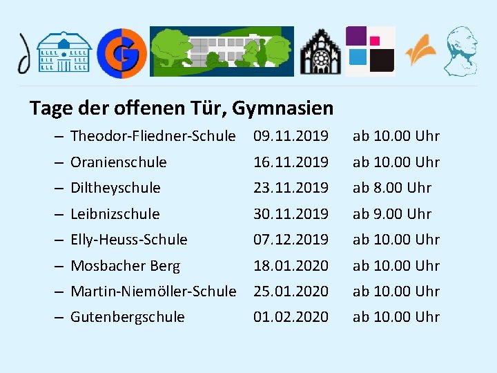Tage der offenen Tür, Gymnasien – Theodor-Fliedner-Schule 09. 11. 2019 ab 10. 00 Uhr