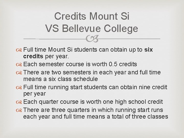 Credits Mount Si VS Bellevue College Full time Mount Si students can obtain up