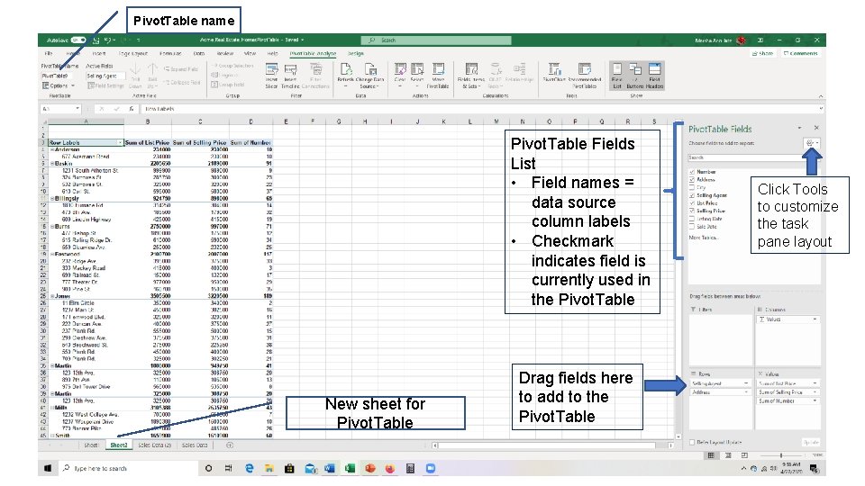 Pivot. Table name Pivot. Table Fields List • Field names = data source column