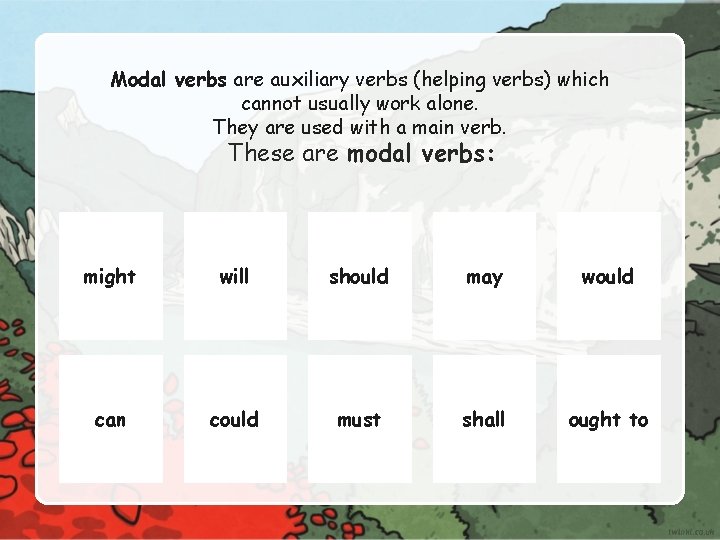 Modal verbs are auxiliary verbs (helping verbs) which cannot usually work alone. They are