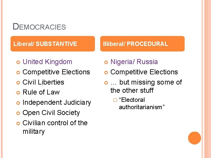 DEMOCRACIES Liberal/ SUBSTANTIVE United Kingdom Competitive Elections Civil Liberties Rule of Law Independent Judiciary