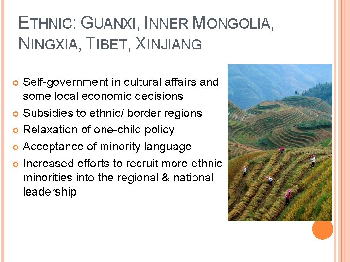 ETHNIC: GUANXI, INNER MONGOLIA, NINGXIA, TIBET, XINJIANG Self-government in cultural affairs and some local