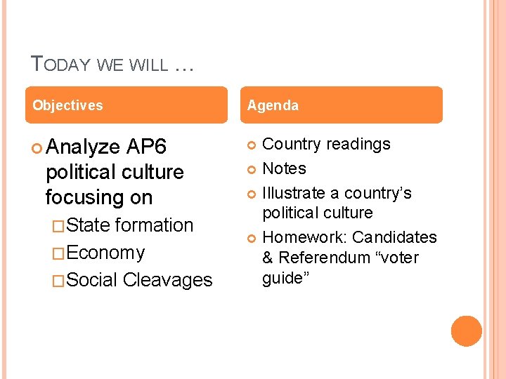 TODAY WE WILL … Objectives Agenda Analyze AP 6 political culture focusing on �State