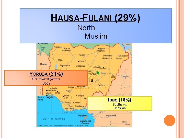 HAUSA-FULANI (29%) North Muslim YORUBA (21%) Southwest (west) Both IGBO (18%) Southeast Christian 