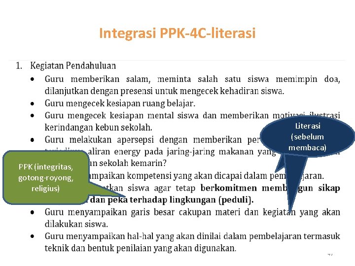 Integrasi PPK-4 C-literasi Literasi (sebelum membaca) PPK (integritas, gotong-royong, religius) 47 
