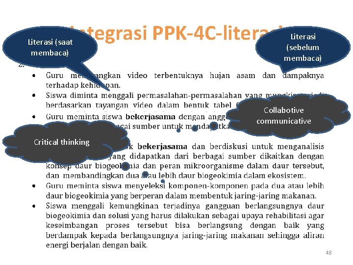 Literasi Integrasi PPK-4 C-literasi (sebelum Literasi (saat membaca) Collabotive communicative Critical thinking 48 