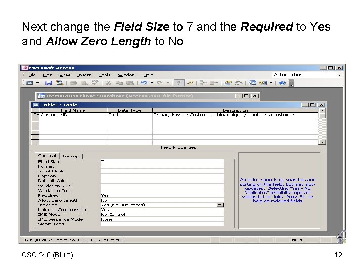Next change the Field Size to 7 and the Required to Yes and Allow