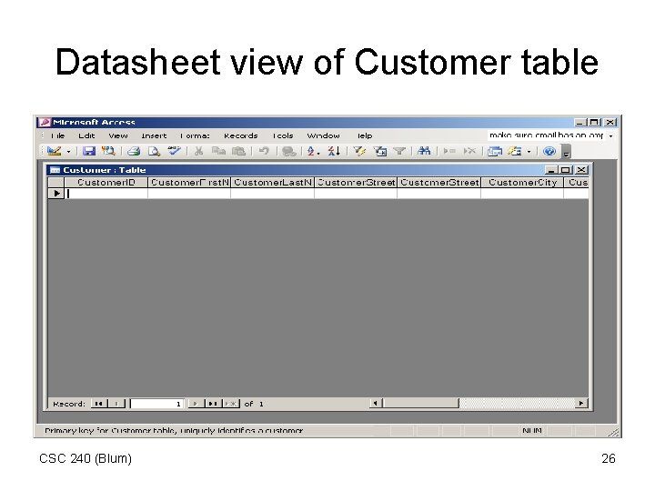 Datasheet view of Customer table CSC 240 (Blum) 26 