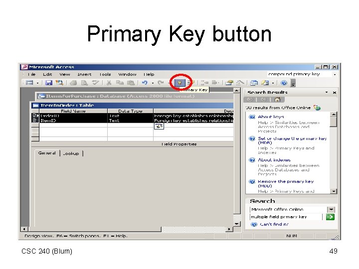 Primary Key button CSC 240 (Blum) 49 