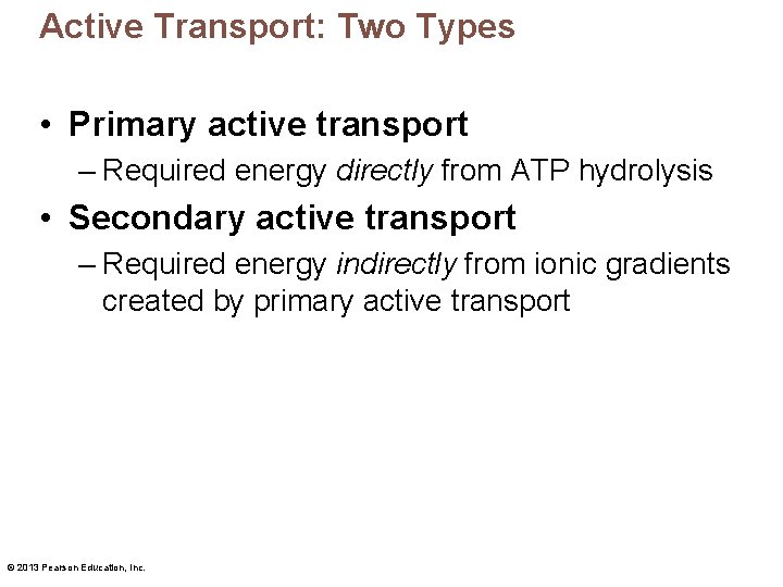 Active Transport: Two Types • Primary active transport – Required energy directly from ATP