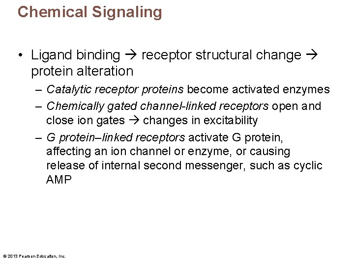 Chemical Signaling • Ligand binding receptor structural change protein alteration – Catalytic receptor proteins