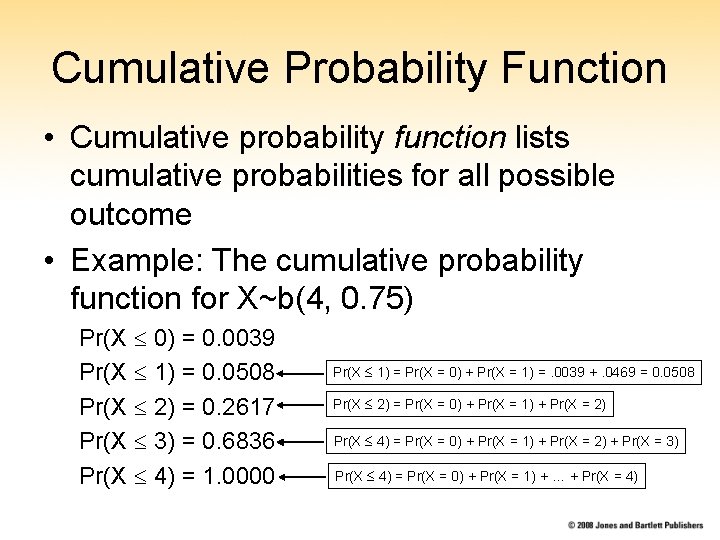 Cumulative Probability Function • Cumulative probability function lists cumulative probabilities for all possible outcome Cumulative Probability Function • Cumulative probability function lists cumulative probabilities for all possible outcome