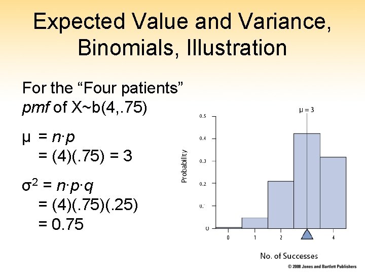 Expected Value and Variance, Binomials, Illustration For the “Four patients” pmf of X~b(4, . Expected Value and Variance, Binomials, Illustration For the “Four patients” pmf of X~b(4, .