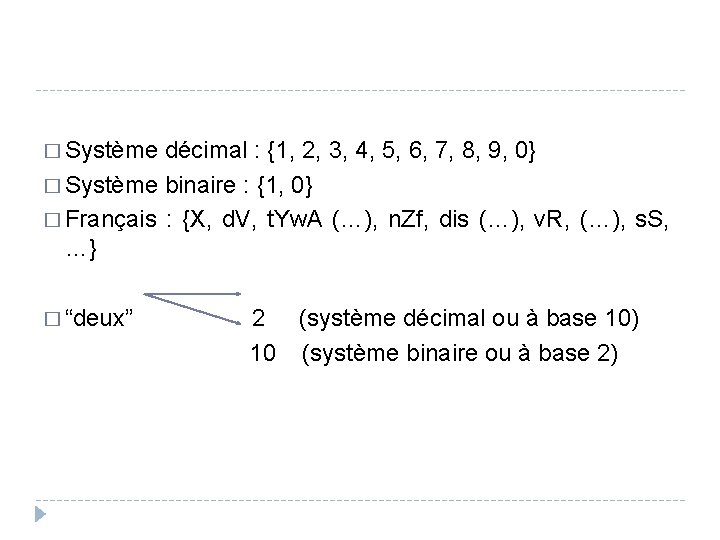 � Système décimal : {1, 2, 3, 4, 5, 6, 7, 8, 9, 0}