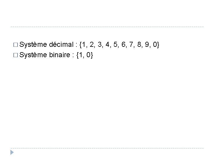 � Système décimal : {1, 2, 3, 4, 5, 6, 7, 8, 9, 0}