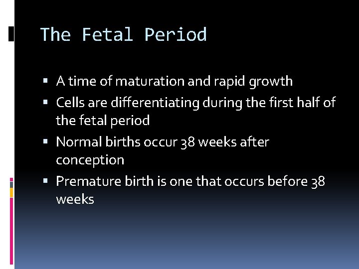 The Fetal Period A time of maturation and rapid growth Cells are differentiating during