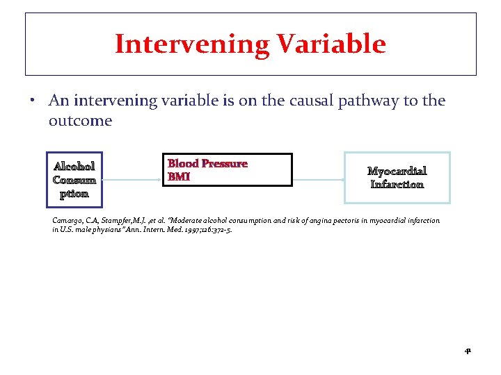 Intervening Variable • An intervening variable is on the causal pathway to the outcome